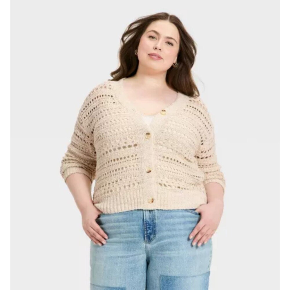 Women's Universal Thread Open Knit Cardigan Sweater Beige Large